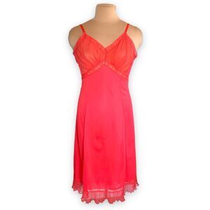 Vintage Red Slipdress Sheer Pleated Bustline Lace Trim Hem Night Gown Small